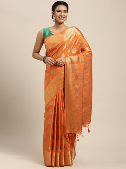 Mimosa - Women's Kanjivaram Art Silk Orange Saree with Unstitched Blouse