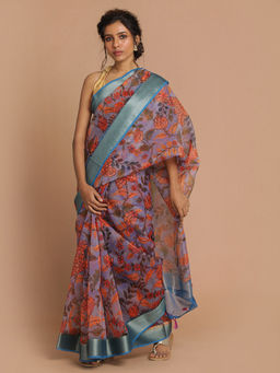Indethnic - Banarasi Blue Printed Party Wear Saree With Unstitched Blouse