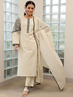 Libas - Women Beige Embroidered Kurta with Pant and Dupatta (Set of 3)