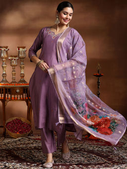 Libas - Women Mauve Zari Embroidered Kurta with Palazzo and Dupatta (Set of 3)