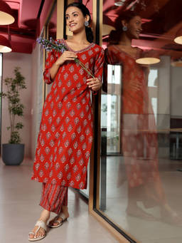 Libas - Women Rust Printed Kurta with Palazzo (Set of 2)