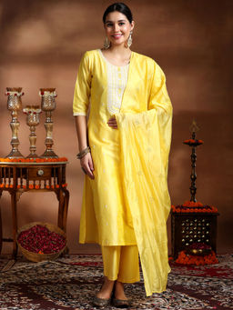 Libas - Women Yellow Embroidered Kurta with Pant and Dupatta (Set of 3)