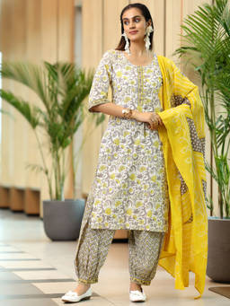 Libas - Women Yellow Floral Printed Kurta with Salwar and Dupatta (Set of 3)
