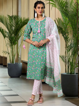 Libas - Women Green Floral Printed Kurta with Pant and Dupatta (Set of 3)