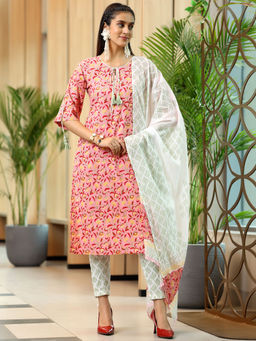 Libas - Women Peach Floral Printed Kurta with Pant and Dupatta (Set of 3)