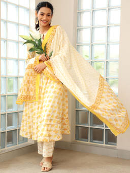 Libas - Women Mustard Floral Printed Anarkali Kurta with Pant and Dupatta (Set of 3)