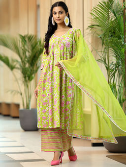 Libas - Women Green Floral Printed Kurta with Palazzo and Dupatta (Set of 3)