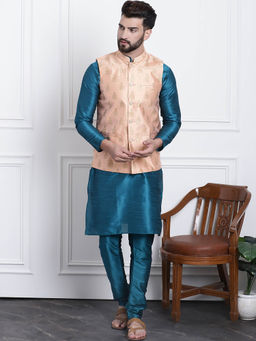 SOJANYA - Mens Silk Blend Teal Kurta Pyjama & Peach Nehru Jacket (Set of 3)