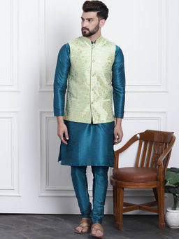 SOJANYA - Mens Silk Blend Teal Kurta Pyjama & Green Nehru Jacket (Set of 3)