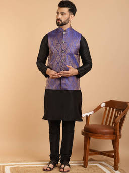 SOJANYA - Mens Silk Blend Black Kurta Pyjama & Blue Nehru Jacket (Set of 3)