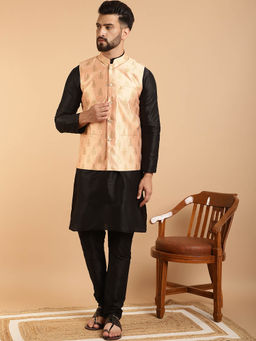 SOJANYA - Mens Silk Blend Black Kurta Pyjama & Peach Nehru Jacket (Set of 3)