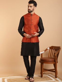 SOJANYA - Mens Silk Blend Black Kurta Pyjama & Orange Nehru Jacket (Set of 3)