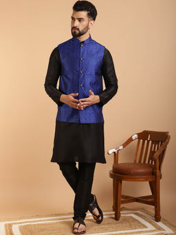 SOJANYA - Mens Silk Blend Black Kurta Pyjama & Rblue Nehru Jacket (Set of 3)