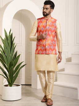 SOJANYA - Mens Silk Blend Gold Kurta Pyjama & Orange Nehru Jacket (Set of 3)