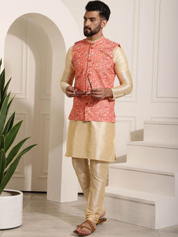 SOJANYA - Mens Silk Blend Gold Kurta Pyjama & Peach Nehru Jacket (Set of 3)