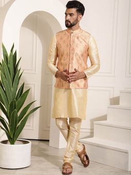 SOJANYA - Mens Silk Blend Gold Kurta Pyjama & Peach Nehru Jacket (Set of 3)