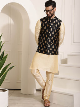 SOJANYA - Mens Silk Blend Gold Kurta Pyjama & Black Nehru Jacket (Set of 3)