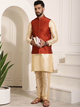 SOJANYA - Mens Silk Blend Gold Kurta Pyjama & Orange Nehru Jacket (Set of 3)