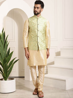 SOJANYA - Mens Silk Blend Gold Kurta Pyjama & Green Nehru Jacket (Set of 3)