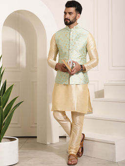 SOJANYA - Mens Silk Blend Gold Kurta Pyjama & Sea Green Nehru Jacket (Set of 3)