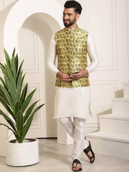 SOJANYA - Mens Silk Blend Off White Kurta Pyjama & Beige Nehru Jacket (Set of 3)