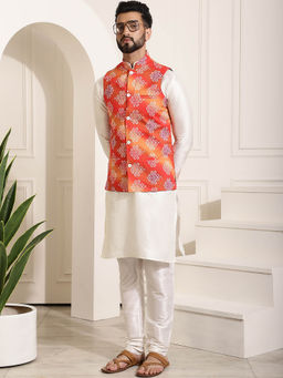 SOJANYA - Mens Silk Blend Off White Kurta Pyjama & Orange Nehru Jacket (Set of 3)