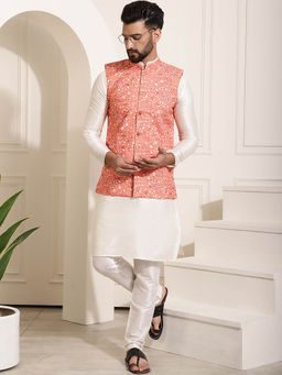 SOJANYA - Mens Silk Blend Off White Kurta Pyjama & Peach Nehru Jacket (Set of 3)