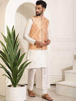 SOJANYA - Mens Silk Blend Off White Kurta Pyjama & Peach Nehru Jacket (Set of 3)