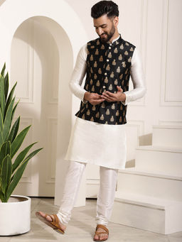 SOJANYA - Mens Silk Blend Off White Kurta Pyjama & Black Nehru Jacket (Set of 3)