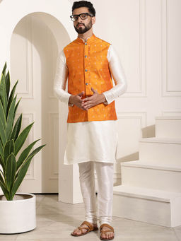 SOJANYA - Mens Silk Blend Off White Kurta Pyjama & Orange Nehru Jacket (Set of 3)