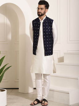 SOJANYA - Mens Silk Blend Off White Kurta Pyjama & Navy Blue Nehru Jacket (Set of 3)