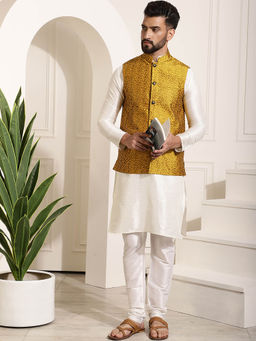 SOJANYA - Mens Silk Blend Off White Kurta Pyjama & Mustard Nehru Jacket (Set of 3)