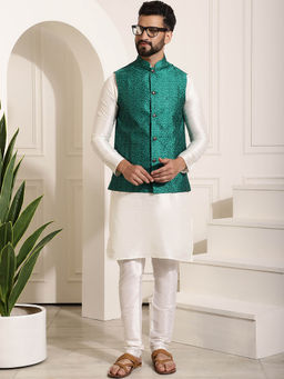 SOJANYA - Mens Silk Blend Off White Kurta Pyjama & Darkgreen Nehru Jacket (Set of 3)