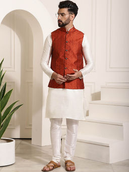 SOJANYA - Mens Silk Blend Off White Kurta Pyjama & Orange Nehru Jacket (Set of 3)