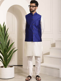 SOJANYA - Mens Silk Blend Off White Kurta Pyjama & Rblue Nehru Jacket (Set of 3)