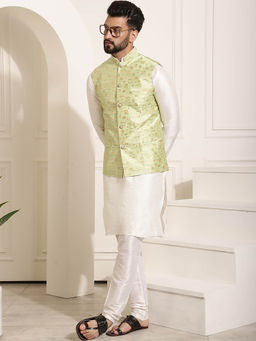 SOJANYA - Mens Silk Blend Off White Kurta Pyjama & Green Nehru Jacket (Set of 3)