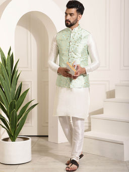 SOJANYA - Mens Silk Blend Off White Kurta Pyjama & Sea Green Nehru Jacket (Set of 3)