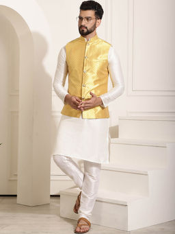 SOJANYA - Mens Silk Blend Off White Kurta Pyjama & Yellow Nehru Jacket (Set of 3)