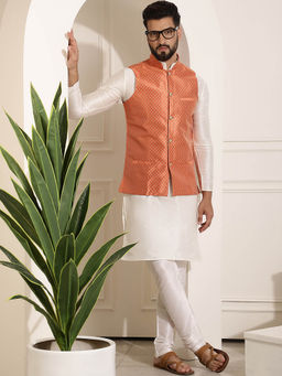 SOJANYA - Mens Silk Blend Off White Kurta Pyjama & Orange Nehru Jacket (Set of 3)