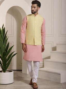 SOJANYA - Mens Pure Cotton Pink Kurta with Churidar Pyjama & Yellow Nehru Jacket (Set of 3)