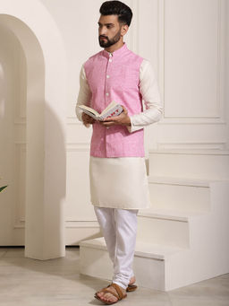 SOJANYA - Mens Pure Cotton Cream Kurta with Churidar Pyjama & Pink Nehru Jacket (Set of 3)
