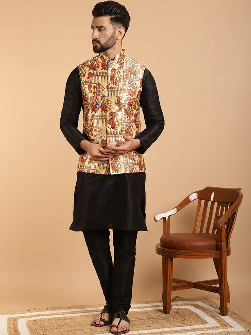 Kurta Set Black Kurta With Brown Waistcoat Buy SOJANYA Mens Silk