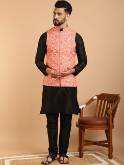 SOJANYA - Mens Silk Blend Black Kurta Pyjama & Peach Print Nehru Jacket (Set of 3)