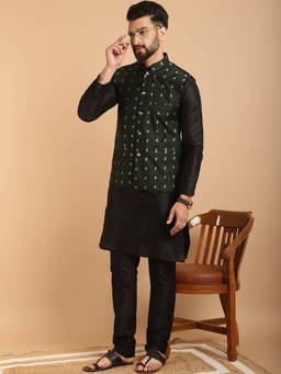 SOJANYA - Mens Silk Blend Black Kurta Pyjama & Dark Green Nehru Jacket (Set of 3)