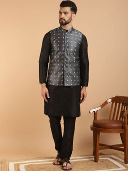 SOJANYA - Mens Silk Blend Black Kurta Pyjama & Grey Nehru Jacket (Set of 3)