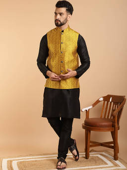 SOJANYA - Mens Silk Blend Black Kurta Pyjama & Mustard Nehru Jacket (Set of 3)