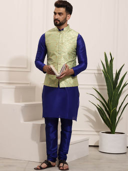 SOJANYA - Mens Silk Blend Rblue Kurta Pyjama & Green Nehru Jacket (Set of 3)