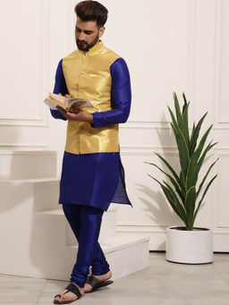 SOJANYA - Mens Silk Blend Rblue Kurta Pyjama & Yellow Nehru Jacket (Set of 3)