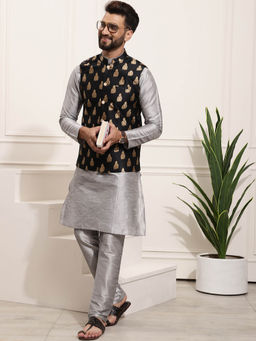 SOJANYA - Mens Silk Blend Grey Kurta Pyjama & Black Nehru Jacket (Set of 3)