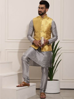 SOJANYA - Mens Silk Blend Grey Kurta Pyjama & Yellow Nehru Jacket (Set of 3)